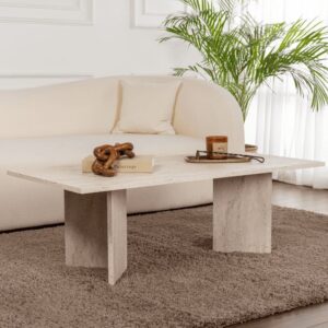wohnli-moebel-suche-M25092409-1 Couchtisch mit rechteckiger Platte L119 cm - Travertindekor 119x40x60cm Spanplatte Beige Calicosy Möbel Wohnzimmermöbel Couchtische