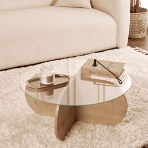 wohnli-moebel-suche-M25092415-1 Couchtisch mit Glasplatte D75 cm - Eichenoptik Dekor 75x35x75cm Spanplatte Braun Calicosy Möbel Wohnzimmermöbel Couchtische