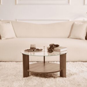 wohnli-moebel-suche-M25092419-1 Couchtisch 2 Platten 1 aus Glas D75 cm - Nussbaumdekor 75x40x75cm Spanplatte Braun Calicosy Möbel Wohnzimmermöbel Couchtische