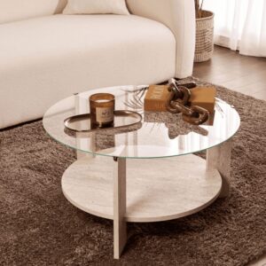 wohnli-moebel-suche-M25092420-1 Couchtisch 2 Platten 1 aus Glas D75 cm - Travertindekor 75x40x75cm Spanplatte Beige Calicosy Möbel Wohnzimmermöbel Couchtische