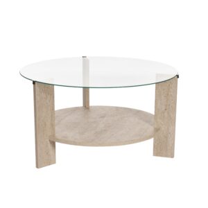 wohnli-moebel-suche-M25092420 Wohnli Möbelsuche - Couchtisch 2 Platten 1 aus Glas D75 cm - Travertindekor