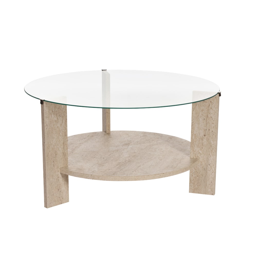 wohnli-moebel-suche-M25092420 Wohnli Möbelsuche - Couchtisch 2 Platten 1 aus Glas D75 cm - Travertindekor