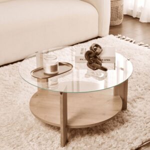 wohnli-moebel-suche-M25092422-1 Couchtisch 2 Platten 1 aus Glas D75 cm - Eichenoptik Dekor 75x40x75cm Spanplatte Braun Calicosy Möbel Wohnzimmermöbel Couchtische