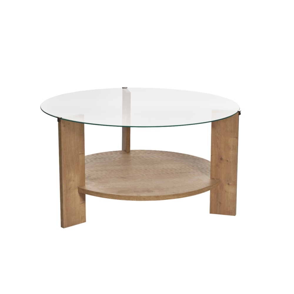 wohnli-moebel-suche-M25092422 Wohnli Möbelsuche - Couchtisch 2 Platten 1 aus Glas D75 cm - Eichenoptik Dekor