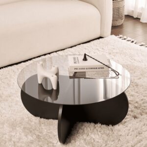 wohnli-moebel-suche-M25092423-1 Couchtisch mit Glasplatte D75 cm - Holzdekor Schwarz 75x35x75cm Spanplatte Schwarz Calicosy Möbel Wohnzimmermöbel Couchtische