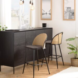 2 Inselhocker Rückenlehne 48x93x53cm Rattan Schwarz MACABANE Möbel Esszimmermöbel Barhocker