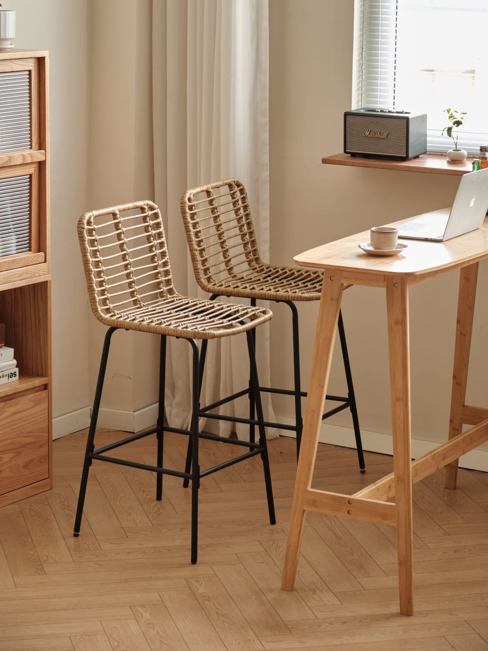 Barhocker (2er Set) aus Metall und Rattan Braun 47x103x48cm Rattan Braun Nordlys Möbel Esszimmermöbel Barhocker