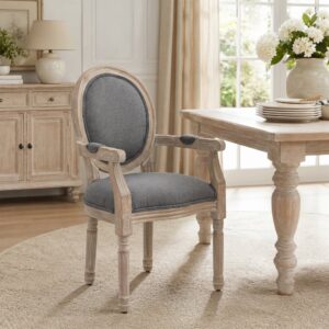 Chaise médaillon style Louis XVI bois massif patiné sculpté lin gris 56x96x55cm Holz Grau Homcom Möbel Esszimmermöbel Stühle