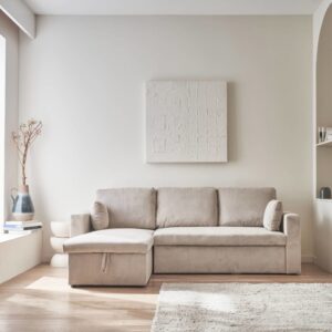 wohnli-moebel-suche-M25093015-1 Ecksofa mit beigegrauem Cordbezug und Schlaffunktion 219x68x84cm Samt Beige sweeek Sofas und Sessel Sofas Schlafsofas
