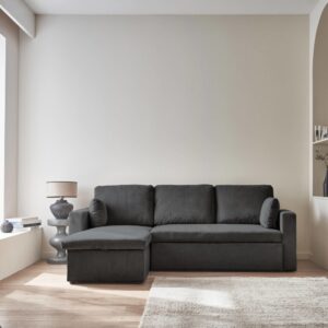 Ecksofa mit dunkelgrauem Cordbezug und Schlaffunktion 219x68x84cm Samt Grau sweeek Sofas und Sessel Sofas Schlafsofas