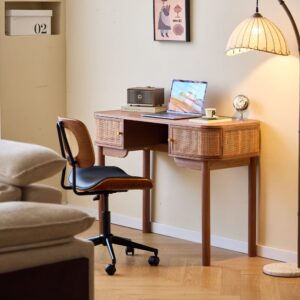 Schreibtisch 2 Türen aus Massivholz und Rattan 45x78x110cm Holz Braun Nordlys Möbel Büromöbel Schreibtische