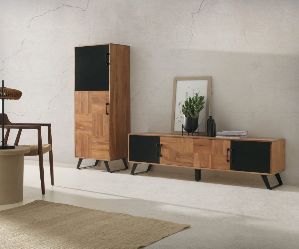 Regal mit 2 Türen aus massivem recyceltem Akazienholz 60x164x40cm Holz Braun GEESE HOME Möbel Wohnzimmermöbel Regale