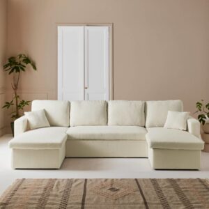 4-Sitzer Doppel-Escksofa mit Schlaffunktion 281x86x142cm Stoff Beige sweeek Sofas und Sessel Sofas Schlafsofas