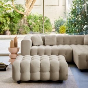 Sitzhocker mit Bouclébezug für 3-Sitzer Sofa beige 115x48x70cm Holz Beige sweeek Sofas und Sessel Sessel, Poufs und Fußbänke Sitzsäcke