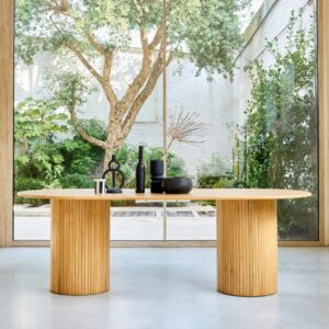 wohnli-moebel-suche-M25096935-1 Ovaler Esstisch Heveaholz und Eichenfurnier naturfarben 8 Plätze 220x73x100cm Spanplatte Beige sweeek Möbel Esszimmermöbel Esstische