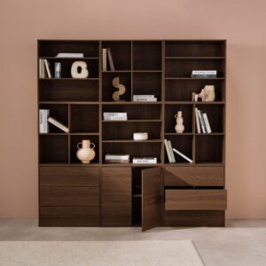 wohnli-moebel-suche-M25096984-1 Modulares Regal nussbaumfarbenes Holzdekor 9 Elemente 210x210x35cm Holz Braun sweeek Möbel Wohnzimmermöbel Bücherregale