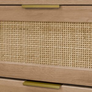 wohnli-moebel-suche-M25097014-1 Hochkommode mit Holzdekor und Rattan 4 Schubladen natur 48x96x39cm Spanplatte Beige sweeek Möbel Schlafzimmermöbel Kommoden