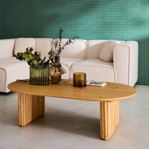 wohnli-moebel-suche-M25097037-1 Ovaler Couchtisch Heveaholz und Eichenfurnier naturfarben 122x35x65cm Spanplatte Braun sweeek Möbel Wohnzimmermöbel Couchtische