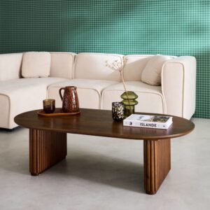 wohnli-moebel-suche-M25097038-1 Ovaler Couchtisch Heveaholz und Eichenfurnier nussbaumfarben 122x35x65cm Spanplatte Braun sweeek Möbel Wohnzimmermöbel Couchtische