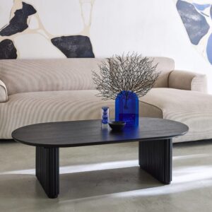 Ovaler Couchtisch Heveaholz und Eichenfurnier schwarz 122x35x65cm Spanplatte Schwarz sweeek Möbel Wohnzimmermöbel Couchtische