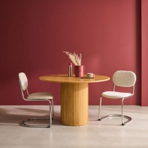 Runder Tisch Heveaholz und naturfarbenes Eichenfurnier 4 Plätze 115x73x115cm Spanplatte Beige sweeek Möbel Esszimmermöbel Esstische