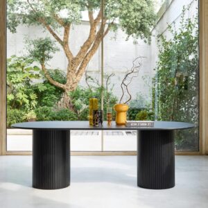 wohnli-moebel-suche-M25097055-1 Ovaler Esstisch Heveaholz und Eichenfurnier schwarz 8 Plätze 220x73x100cm Spanplatte Schwarz sweeek Möbel Esszimmermöbel Esstische