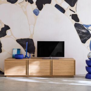 wohnli-moebel-suche-M25097069-1 Naturfarbenes TV-Möbel mit Holzoptik und 3 Türen 180 cm 180x45x43cm Spanplatte Beige sweeek Möbel Wohnzimmermöbel TV-Möbel