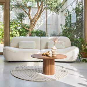 wohnli-moebel-suche-M25097109-1 3-Sitzer Sofa mit cremeweißem Bouclébezug 265x85x114cm Stoff Beige sweeek Sofas und Sessel Sofas 2-Sitzer-Sofas & 3-Sitzer-Sofas