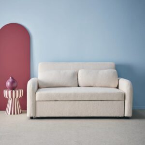 Abgerundetes 2-Sitzer Sofa mit cremefarbenem Bouclé-Bezug 170x88x90cm Holz Braun sweeek Sofas und Sessel Sofas Sitzbank und Polsterbank