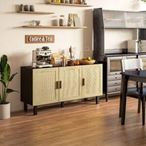 wohnli-moebel-suche-M25097783-1 Rattanbuffet mit Cannage & Holz in Schwarz & Natur 136x70x41cm Spanplatte Schwarz Homcom Möbel Esszimmermöbel Sideboards, Highboards & niedrige Anrichten