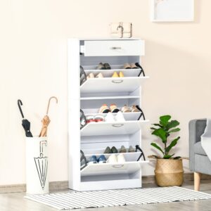 Meuble à chaussures 3 portes abattantes tiroir bois blanc 62x135x24cm Holz Weiß Homcom Möbel Flurmöbel Schuhschränke