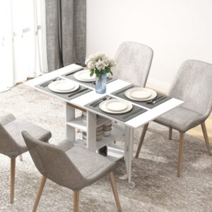 wohnli-moebel-suche-M25099250-1 Table à manger pliable sur roulettes 2 abattants et 3 étagères blanc 120x75x60cm Spanplatte Weiß Homcom Möbel Esszimmermöbel Esstische