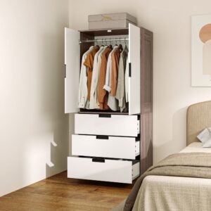 Armoire chambre dressing adulte 3 tiroirs tringle suspension marron 80x180x50cm Spanplatte Braun Homcom Möbel Schlafzimmermöbel Schränke