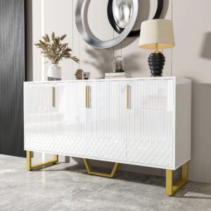 wohnli-moebel-suche-M25100085-1 Lackiertes Sideboard mit geometrischen Mustern und weißen Beinen 140x80x40cm Spanplatte Weiß Urban Meuble Möbel Esszimmermöbel Sideboards, Highboards & niedrige Anrichten