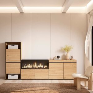 Schuhschrank Holzeffekt Kamin mit Feuereffekt XXL 274x35x145cm Eiche 274x145x35cm Spanplatte Beige Skraut home Möbel Flurmöbel Schuhschränke
