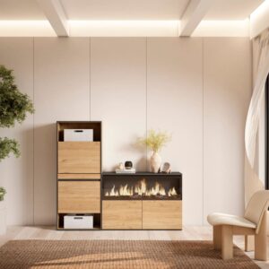 wohnli-moebel-suche-M25100270-1 Schuhschrank Holzeffekt Kamin mit Feuereffekt XXL 167x35x145cm Eiche 167x145x35cm Spanplatte Beige Skraut home Möbel Flurmöbel Schuhschränke