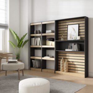 Bücherregal Holzeffekt 230x25x186cm Eiche und Schwarz 230x186x25cm Spanplatte Beige Skraut home Möbel Wohnzimmermöbel Bücherregale