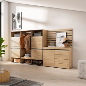 wohnli-moebel-suche-M25100273-1 Schuhschrank Holzeffekt 287x35x145cm Eiche 287x145x35cm Spanplatte Beige Skraut home Möbel Flurmöbel Schuhschränke