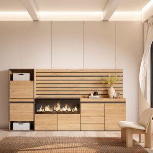 Schuhschrank Holzeffekt Kamin mit Feuereffekt XXL 274x35x145cm Eiche 274x145x35cm Spanplatte Beige Skraut home Möbel Flurmöbel Schuhschränke