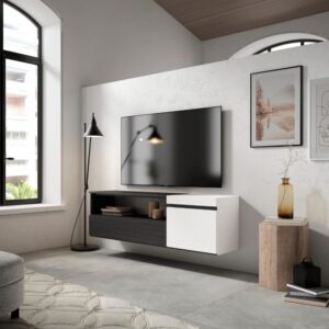 wohnli-moebel-suche-M25100276-1 TV-Möbel Holzeffekt Hängend 150x35x45cm Weiß und Schwarz 150x45x35cm Spanplatte Weiß Skraut home Möbel Wohnzimmermöbel TV-Möbel