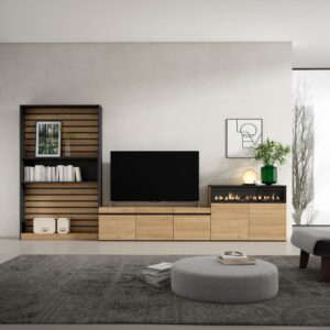 wohnli-moebel-suche-M25100277-1 Wohnwand Holzeffekt Kamin mit Feuereffekt 360x35x186cm Eiche Schwarz 360x186x35cm Spanplatte Beige Skraut home Möbel Wohnzimmermöbel TV-Möbel