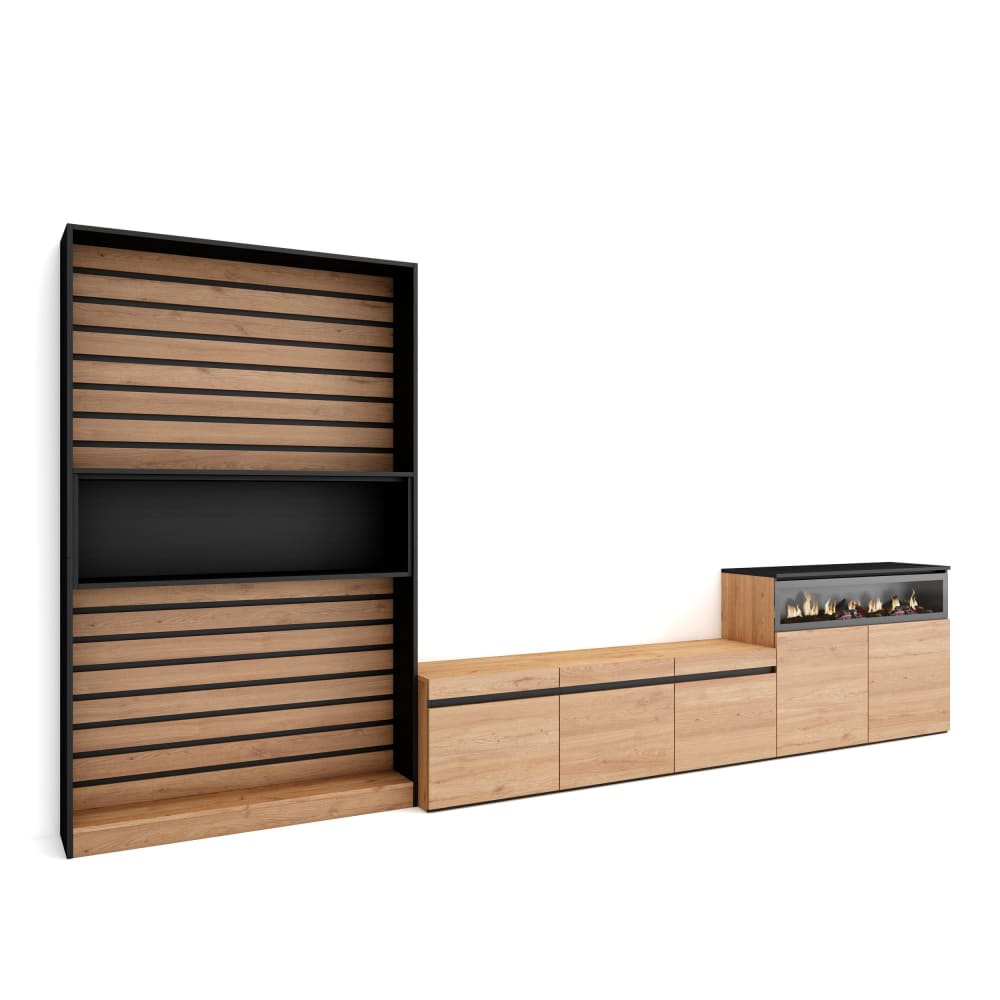 wohnli-moebel-suche-M25100277 Wohnli Möbelsuche - Wohnwand Holzeffekt Kamin mit Feuereffekt 360x35x186cm Eiche Schwarz