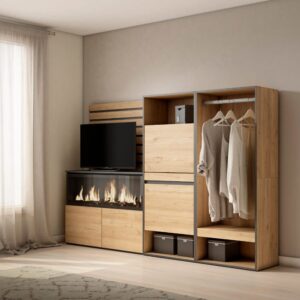 wohnli-moebel-suche-M25100280-1 Sideboard Holzeffekt Kamin mit Feuereffekt XXL 227x35x145cm Eiche 227x145x35cm Spanplatte Beige Skraut home Möbel Esszimmermöbel Sideboards, Highboards & niedrige Anrichten
