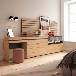 Schminktisch Holzeffekt Kamin mit Feuereffekt XXL 284x35x145cm Eiche 284x145x35cm Spanplatte Beige Skraut home Möbel Schlafzimmermöbel Schminktische