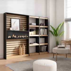 Bücherregal Holzeffekt Kamin mit Feuereffekt 230x25x186 Eiche Schwarz 230x186x25cm Spanplatte Beige Skraut home Möbel Wohnzimmermöbel Bücherregale