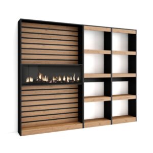 wohnli-moebel-suche-M25100320 Wohnli Möbelsuche - Bücherregal Holzeffekt Kamin mit Feuereffekt 230x25x186 Eiche Schwarz