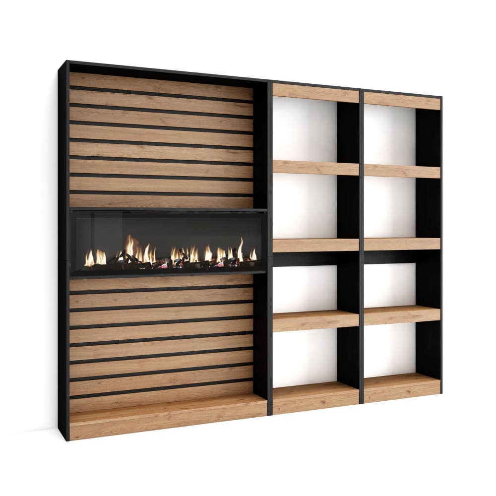 wohnli-moebel-suche-M25100320 Wohnli Möbelsuche - Bücherregal Holzeffekt Kamin mit Feuereffekt 230x25x186 Eiche Schwarz
