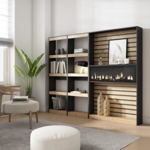 Bücherregal Holzeffekt Kamin mit Feuereffekt 230x25x186 Eiche Schwarz 230x186x25cm Spanplatte Beige Skraut home Möbel Wohnzimmermöbel Bücherregale
