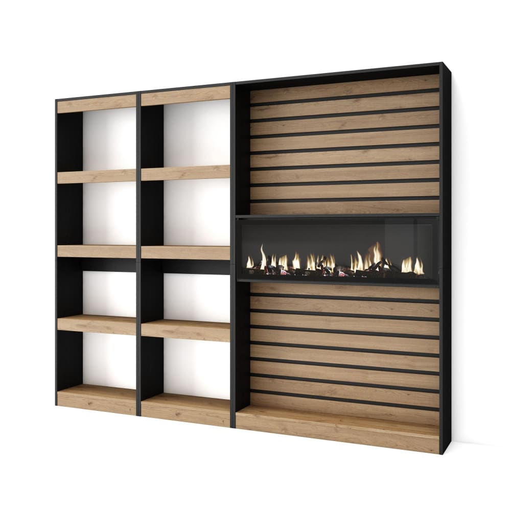 wohnli-moebel-suche-M25100321 Wohnli Möbelsuche - Bücherregal Holzeffekt Kamin mit Feuereffekt 230x25x186 Eiche Schwarz