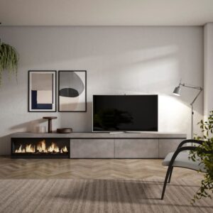 TV-Möbel Holzeffekt Kamin mit Feuereffekt XXL 317x35x45cm Zement 317x45x35cm Spanplatte Grau Skraut home Möbel Wohnzimmermöbel TV-Möbel